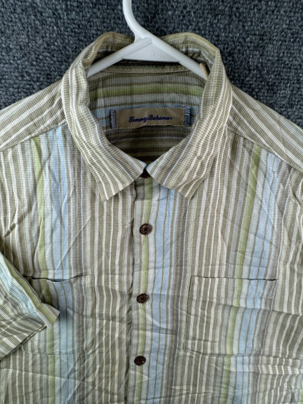 Tommy Bahama ALL SILK Camp Shirt Button Up Men’s Small Green Beige Striped Beach
